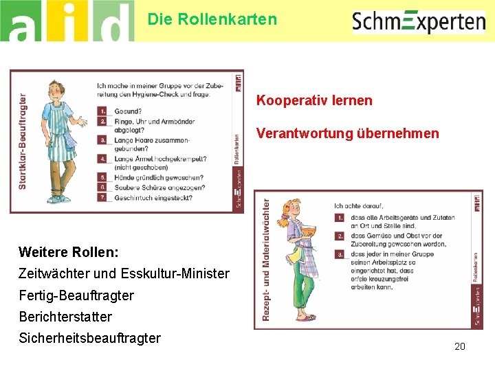 Die Rollenkarten Kooperativ lernen Verantwortung übernehmen Weitere Rollen: Zeitwächter und Esskultur-Minister Fertig-Beauftragter Berichterstatter Sicherheitsbeauftragter