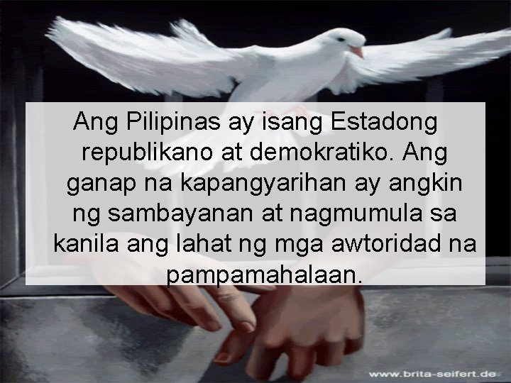 Ang Pilipinas ay isang Estadong republikano at demokratiko. Ang ganap na kapangyarihan ay angkin