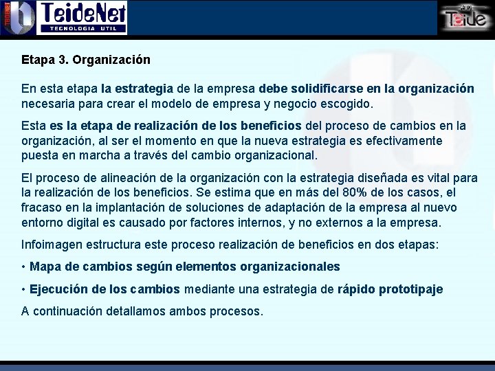 Etapa 3. Organización En esta etapa la estrategia de la empresa debe solidificarse en