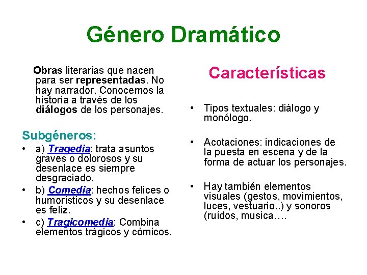 Género Dramático Obras literarias que nacen para ser representadas. No hay narrador. Conocemos la