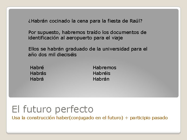 ¿Habrán cocinado la cena para la fiesta de Raúl? Por supuesto, habremos traído los ¿Habrán cocinado la cena para la fiesta de Raúl? Por supuesto, habremos traído los