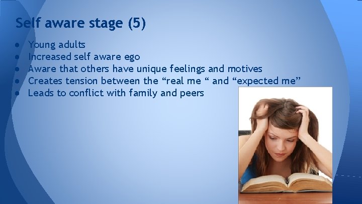 Self aware stage (5) ● ● ● Young adults Increased self aware ego Aware