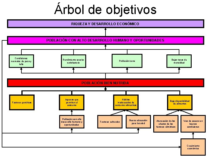 Árbol de objetivos RIQUEZA Y DESARROLLO ECONÓMICO POBLACIÓN CON ALTO DESARROLLO HUMANO Y OPORTUNIDADES