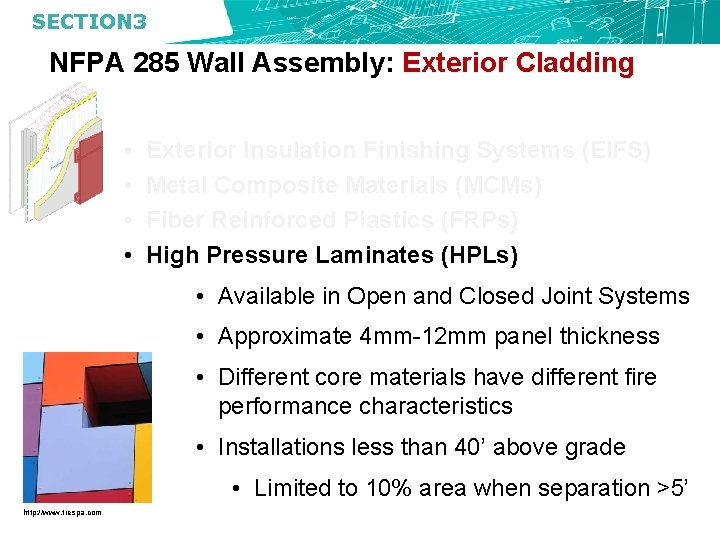SECTION 3 NFPA 285 Wall Assembly: Exterior Cladding • • Exterior Insulation Finishing Systems