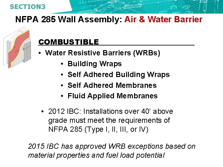 SECTION 3 NFPA 285 Wall Assembly: Air & Water Barrier COMBUSTIBLE • Water Resistive