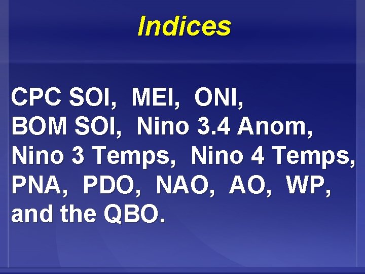 Indices CPC SOI, MEI, ONI, BOM SOI, Nino 3. 4 Anom, Nino 3 Temps,