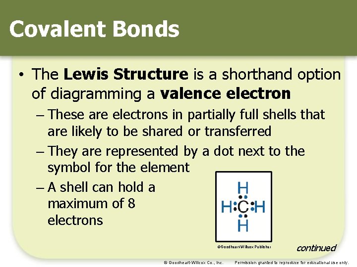 Covalent Bonds • The Lewis Structure is a shorthand option of diagramming a valence