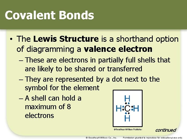 Covalent Bonds • The Lewis Structure is a shorthand option of diagramming a valence