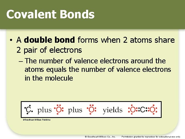 Covalent Bonds • A double bond forms when 2 atoms share 2 pair of