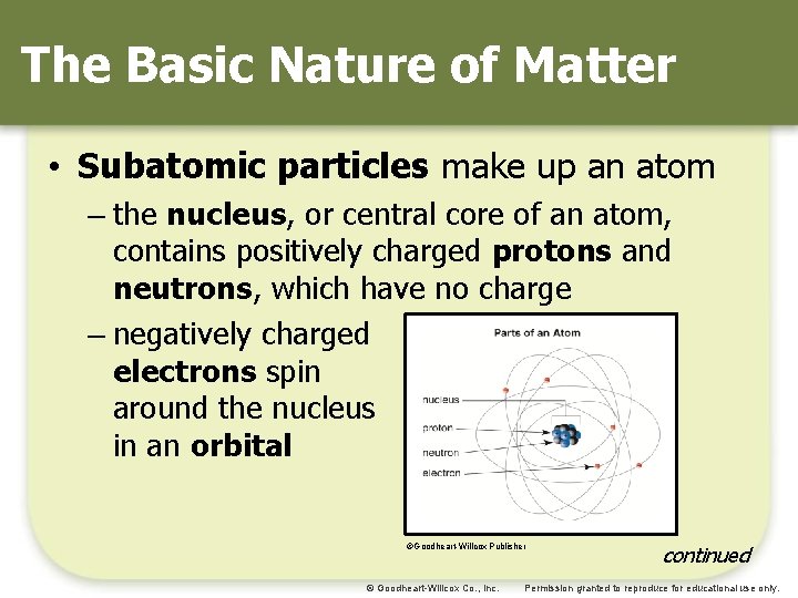The Basic Nature of Matter • Subatomic particles make up an atom – the