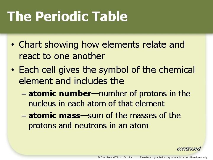The Periodic Table • Chart showing how elements relate and react to one another