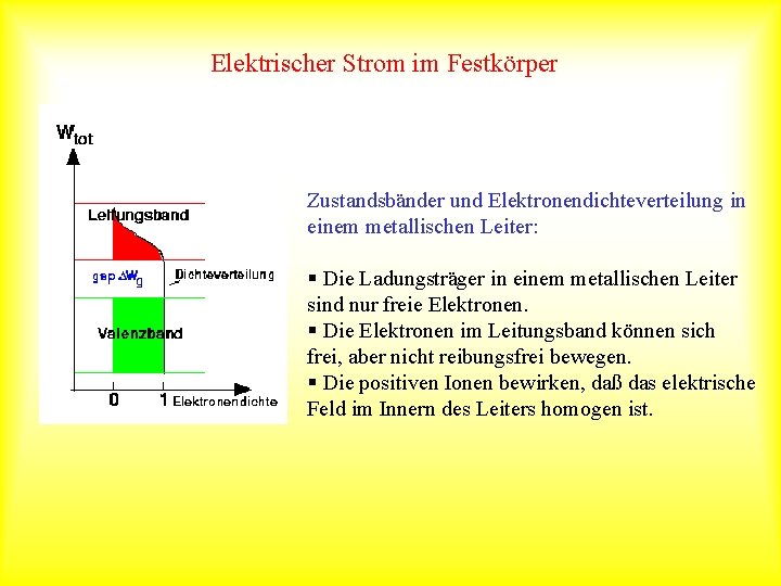 Elektrischer Strom im Festkörper Zustandsbänder und Elektronendichteverteilung in einem metallischen Leiter: § Die Ladungsträger