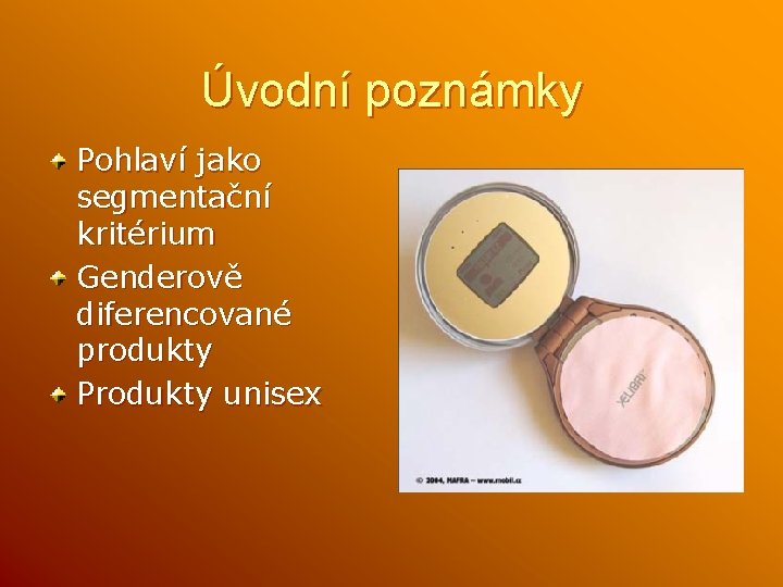 Úvodní poznámky Pohlaví jako segmentační kritérium Genderově diferencované produkty Produkty unisex 