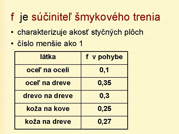 f je súčiniteľ šmykového trenia • charakterizuje akosť styčných plôch • číslo menšie ako