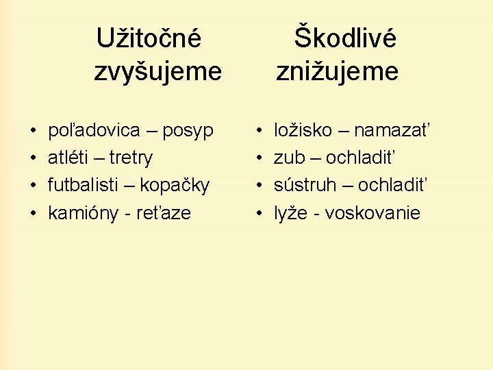 Užitočné zvyšujeme • • poľadovica – posyp atléti – tretry futbalisti – kopačky kamióny