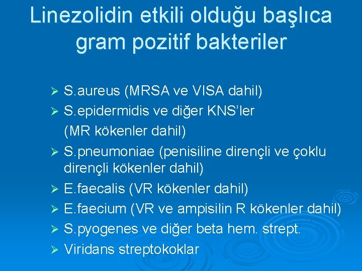 Linezolidin etkili olduğu başlıca gram pozitif bakteriler S. aureus (MRSA ve VISA dahil) Ø