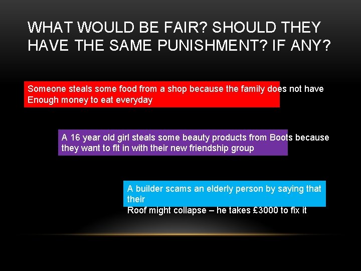 WHAT WOULD BE FAIR? SHOULD THEY HAVE THE SAME PUNISHMENT? IF ANY? Someone steals