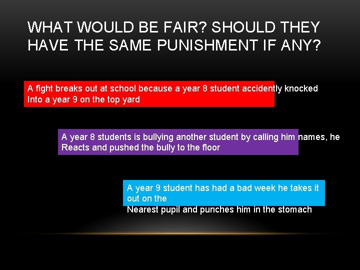 WHAT WOULD BE FAIR? SHOULD THEY HAVE THE SAME PUNISHMENT IF ANY? A fight