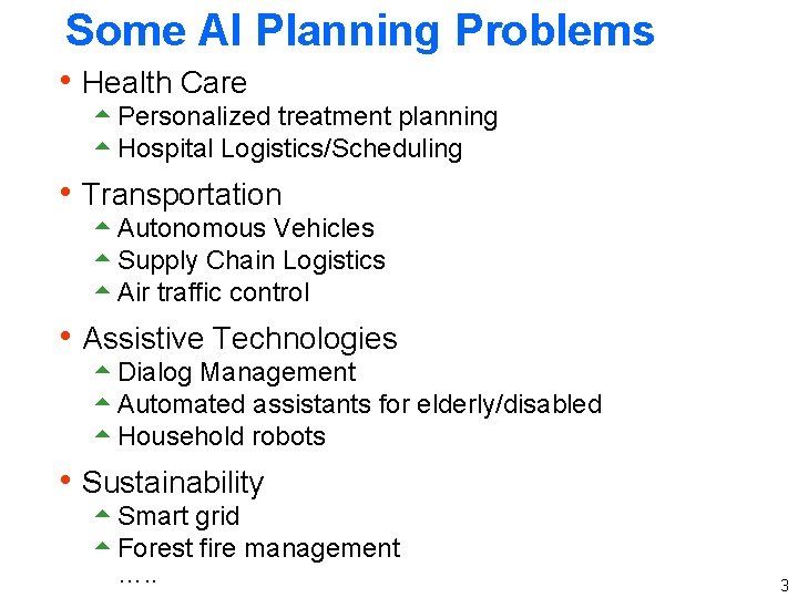 Some AI Planning Problems h Health Care 5 Personalized treatment planning 5 Hospital Logistics/Scheduling