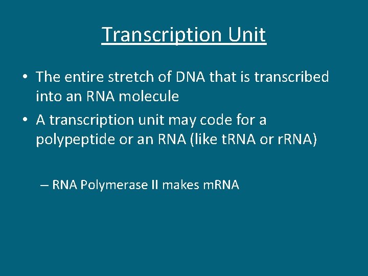 Transcription Unit • The entire stretch of DNA that is transcribed into an RNA