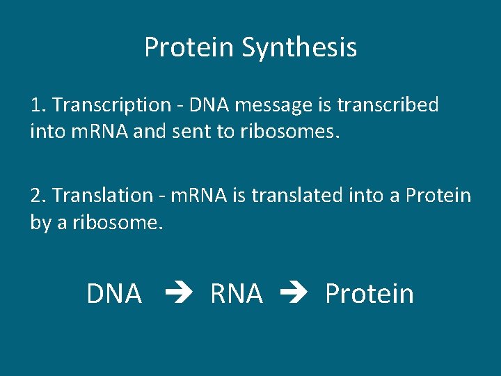 Protein Synthesis 1. Transcription - DNA message is transcribed into m. RNA and sent
