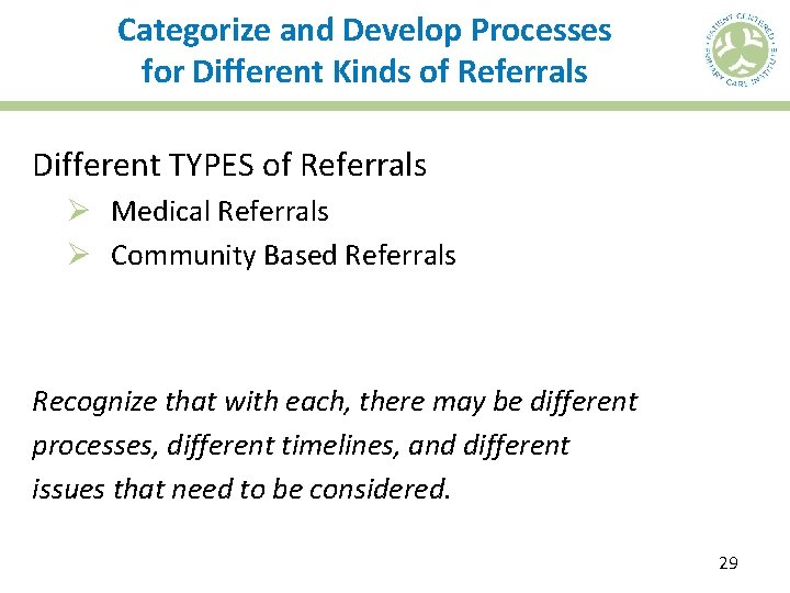 Categorize and Develop Processes for Different Kinds of Referrals Different TYPES of Referrals Ø