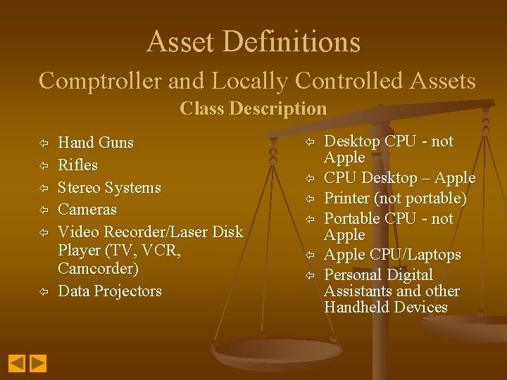 Asset Definitions Comptroller and Locally Controlled Assets Class Description ï ï ï Hand Guns