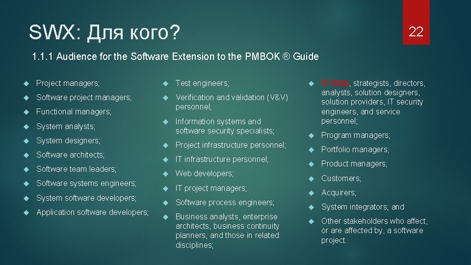SWX: Для кого? 22 1. 1. 1 Audience for the Software Extension to the