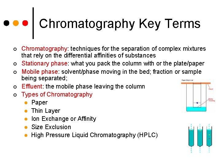Chromatography Key Terms ¢ ¢ ¢ Chromatography: techniques for the separation of complex mixtures