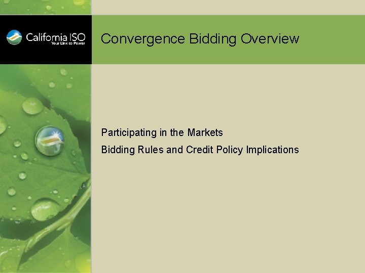 Convergence Bidding Overview Participating in the Markets Bidding Rules and Credit Policy Implications 