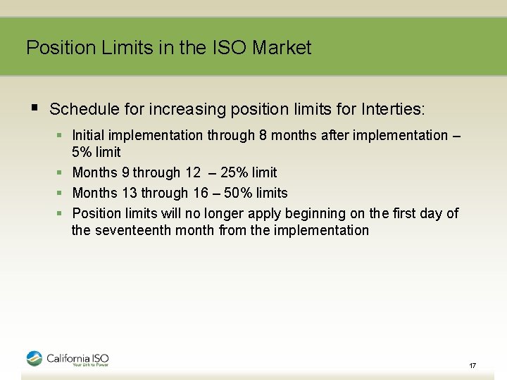 Position Limits in the ISO Market § Schedule for increasing position limits for Interties: