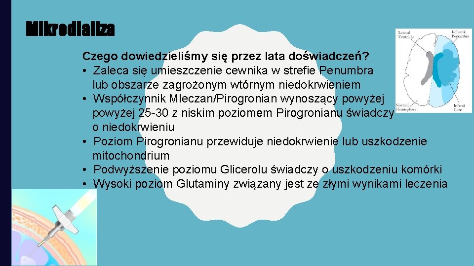 Mikrodializa Czego dowiedzieliśmy się przez lata doświadczeń? • Zaleca się umieszczenie cewnika w strefie