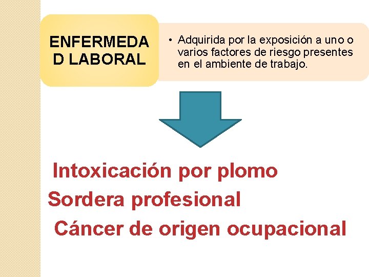 ENFERMEDA D LABORAL • Adquirida por la exposición a uno o varios factores de