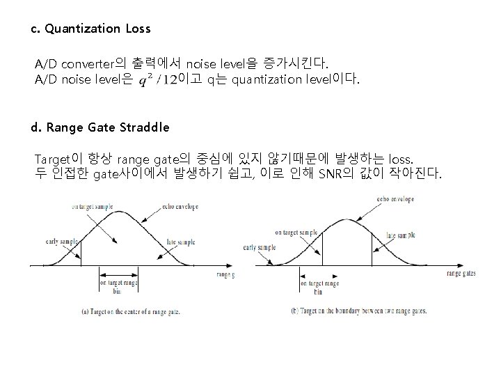 c. Quantization Loss A/D converter의 출력에서 noise level을 증가시킨다. A/D noise level은 이고 q는 c. Quantization Loss A/D converter의 출력에서 noise level을 증가시킨다. A/D noise level은 이고 q는
