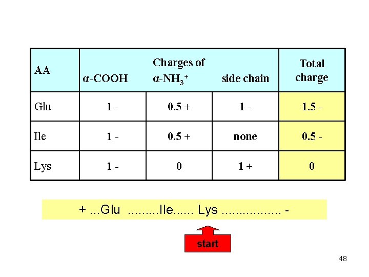 AA α-COOH Charges of α-NH 3+ side chain Total charge Glu 1 - 0.