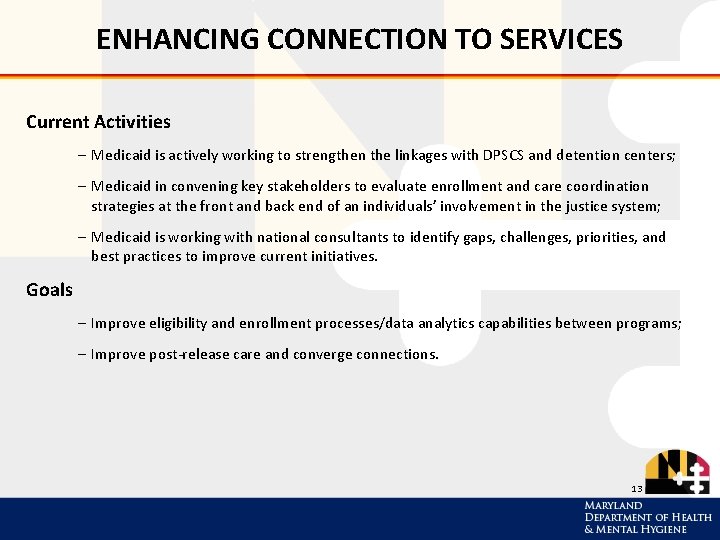 ENHANCING CONNECTION TO SERVICES Current Activities – Medicaid is actively working to strengthen the