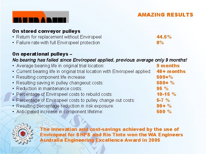 AMAZING RESULTS On stored conveyor pulleys • Return for replacement without Enviropeel • Failure