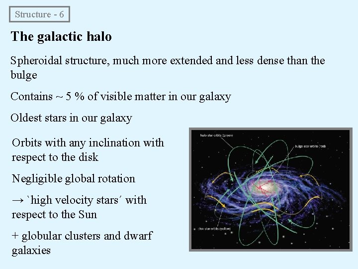 Structure - 6 The galactic halo Spheroidal structure, much more extended and less dense