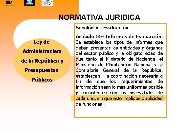 NORMATIVA JURIDICA Sección V - Evaluación Ley de Administraciera de la República y Presupuestos