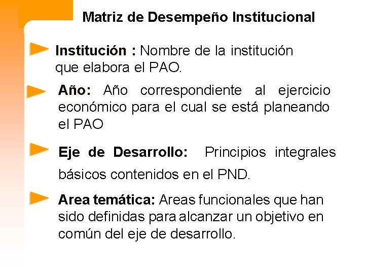 Matriz de Desempeño Institucional Institución : Nombre de la institución que elabora el PAO.