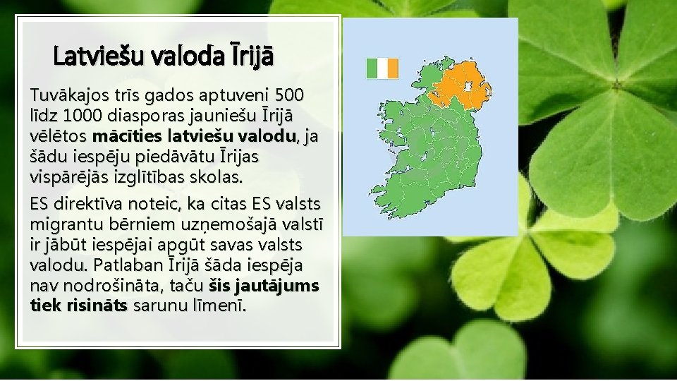 Latviešu valoda Īrijā Tuvākajos trīs gados aptuveni 500 līdz 1000 diasporas jauniešu Īrijā vēlētos