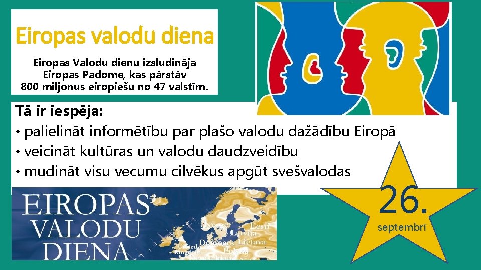 Eiropas valodu diena Eiropas Valodu dienu izsludināja Eiropas Padome, kas pārstāv 800 miljonus eiropiešu