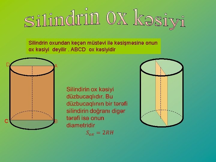 Silindrin oxundan keçən müstəvi ilə kəsişməsinə onun ox kəsiyi deyilir. ABCD ox kəsiyidir D