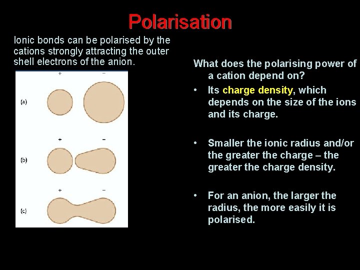Polarisation Ionic bonds can be polarised by the cations strongly attracting the outer shell