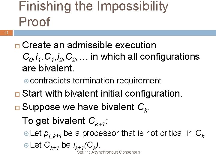 Finishing the Impossibility Proof 14 Create an admissible execution C 0, i 1, C
