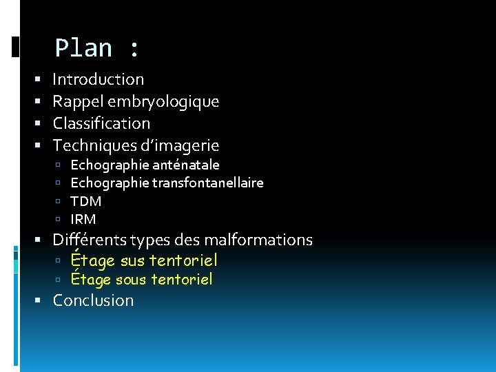Plan : Introduction Rappel embryologique Classification Techniques d’imagerie Echographie anténatale Echographie transfontanellaire TDM IRM