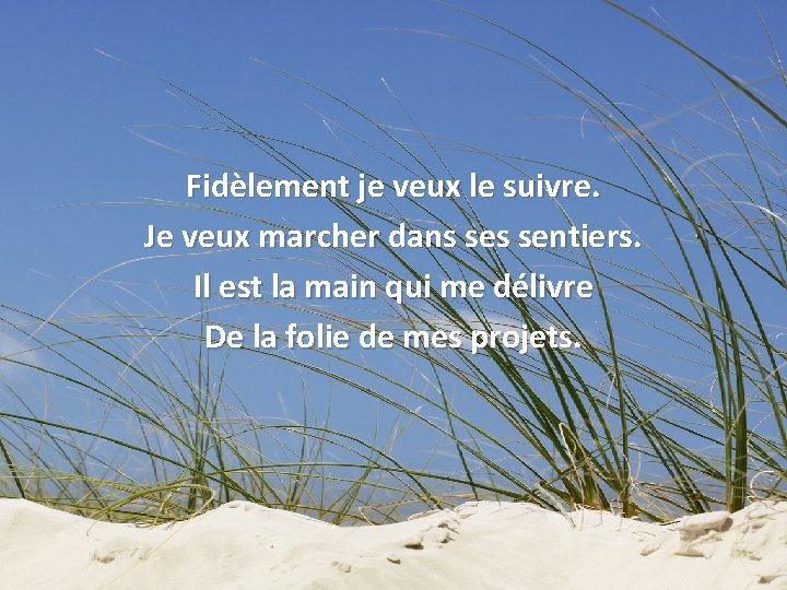 Fidèlement je veux le suivre. Je veux marcher dans sentiers. Il est la main