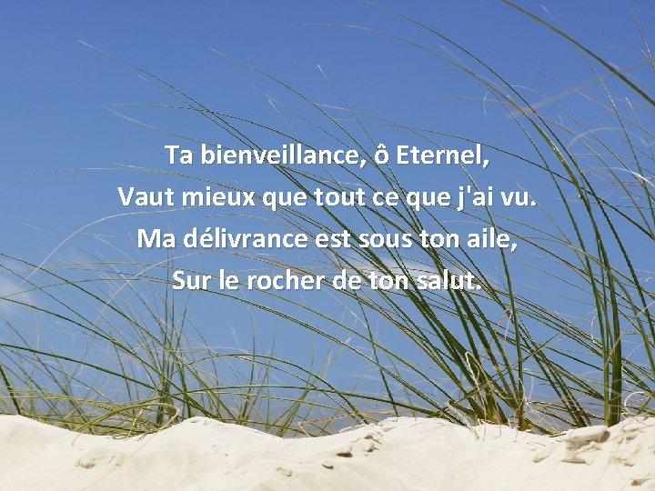 Ta bienveillance, ô Eternel, Vaut mieux que tout ce que j'ai vu. Ma délivrance