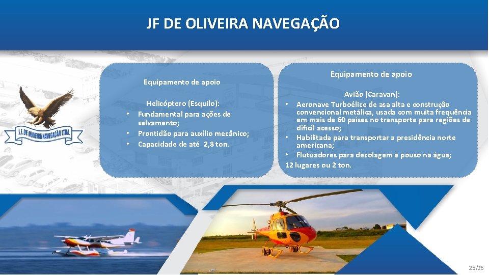 JF DE OLIVEIRA NAVEGAÇÃO • • • Equipamento de apoio Helicóptero (Esquilo): Fundamental para
