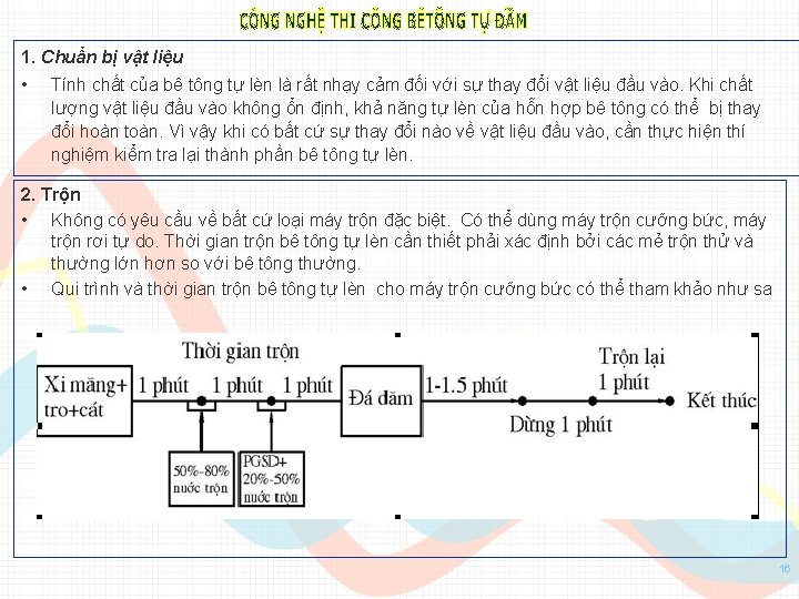 1. Chuẩn bị vật liệu • Tính chất của bê tông tự lèn là